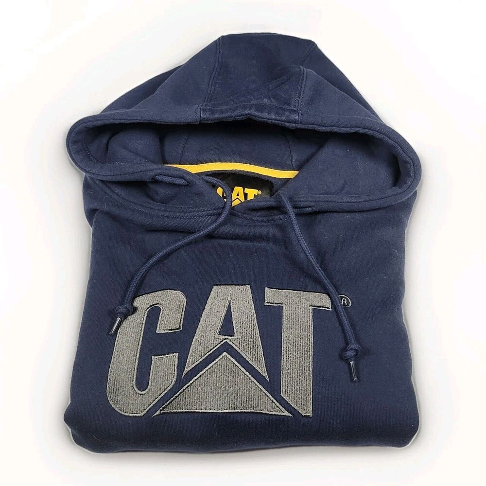 CAT Hoodie Mens XL Blue Work Graphic Print Fleece Pockets‎ SUPER Heavyweight
